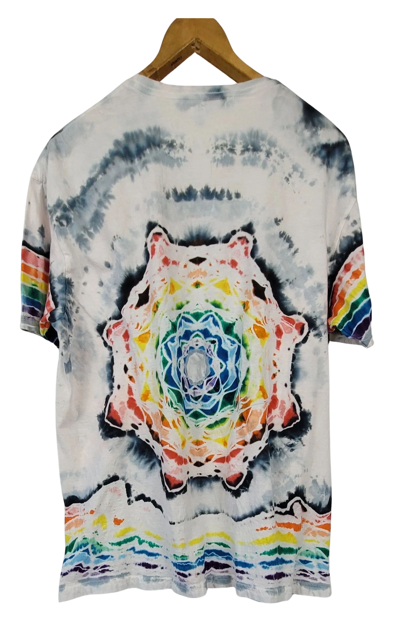 Tie-dye t-shirt with a colorful mandala design on a white background