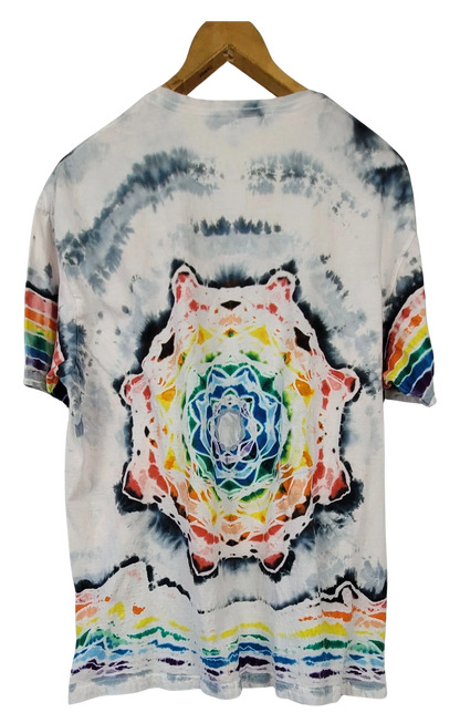 Tie-dye t-shirt with a colorful mandala design on a white background