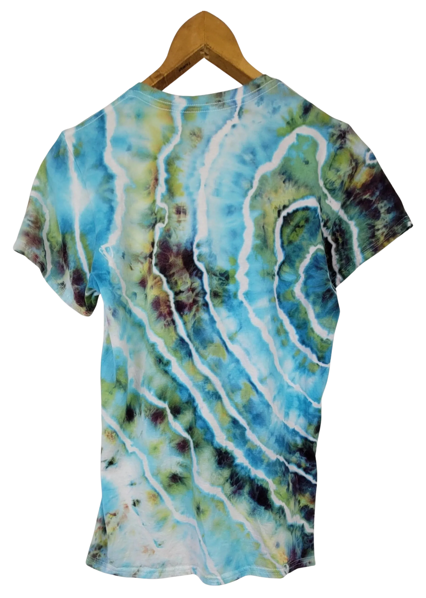 Colorful tie-dye t-shirt on a wooden hanger against a white background