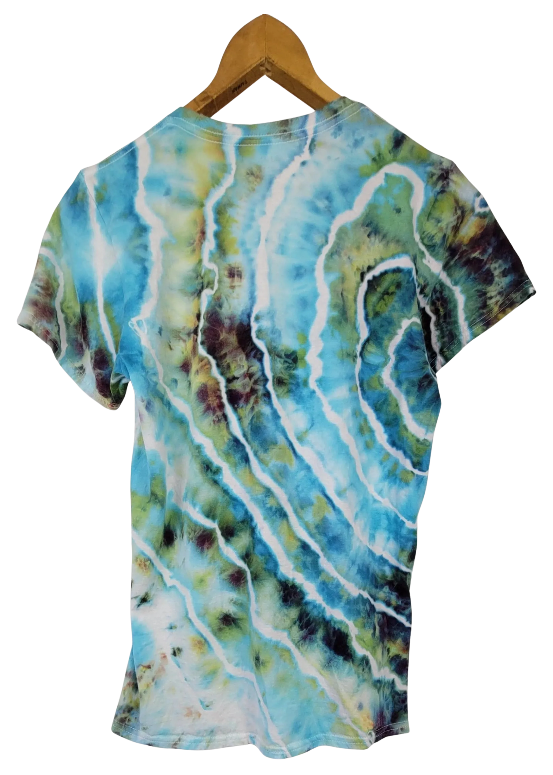 Colorful tie-dye t-shirt on a wooden hanger against a white background