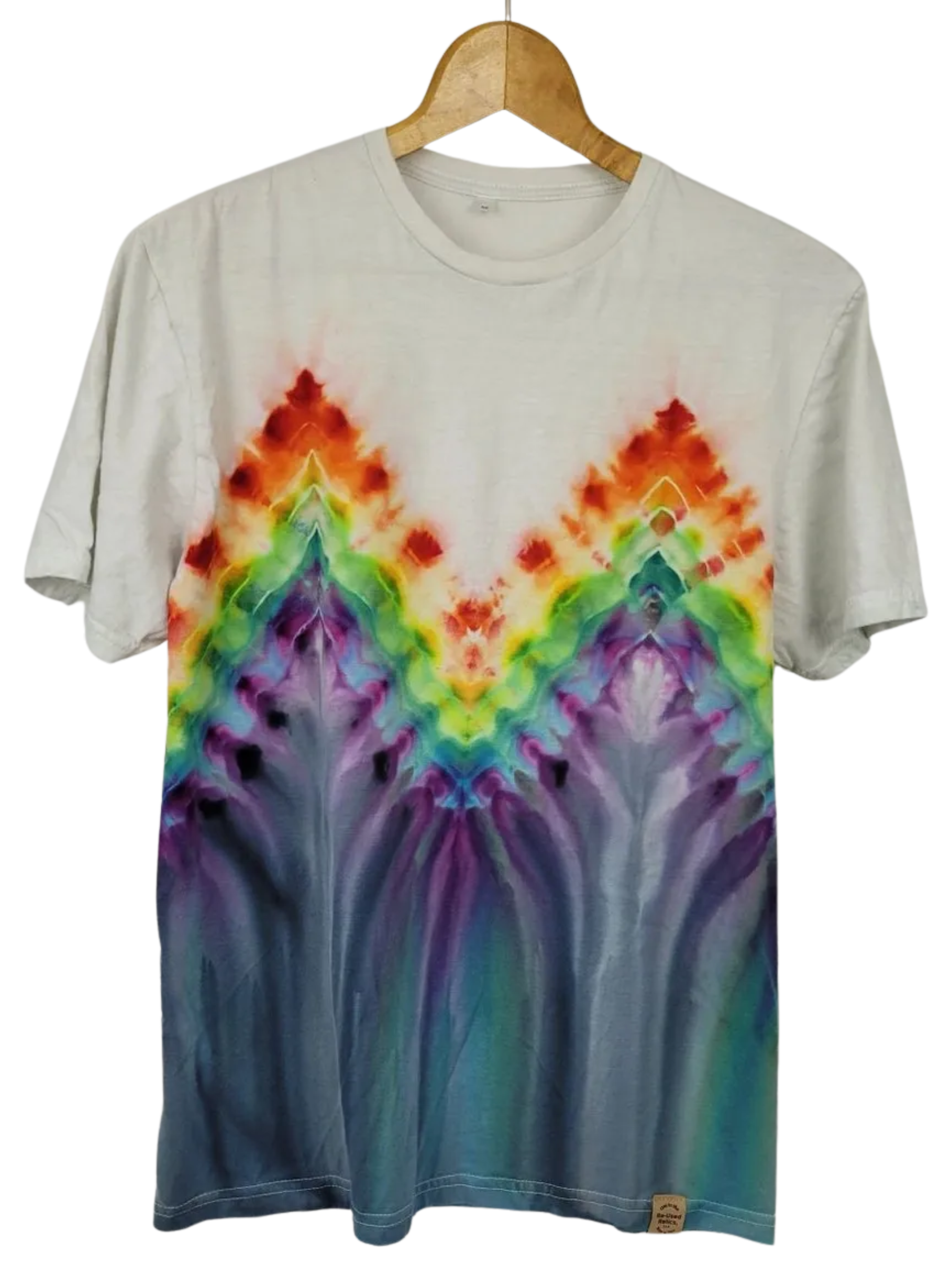 Tie-dye t-shirt with a colorful design on a white background