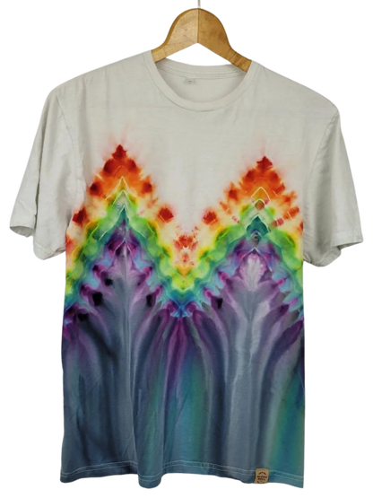 Tie-dye t-shirt with a colorful design on a white background