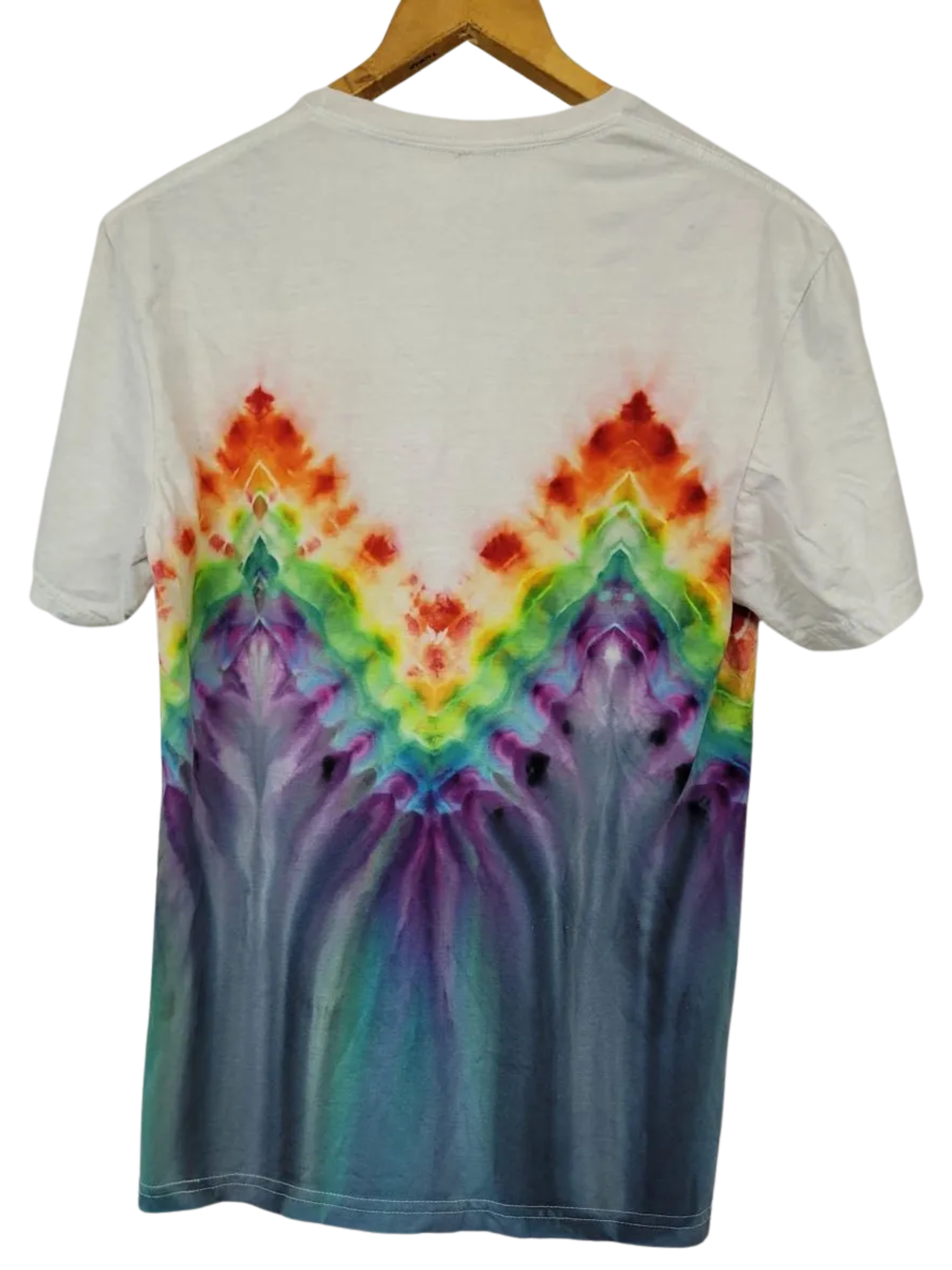 T-shirt with a colorful tie-dye design on a white background