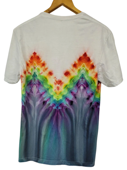 T-shirt with a colorful tie-dye design on a white background