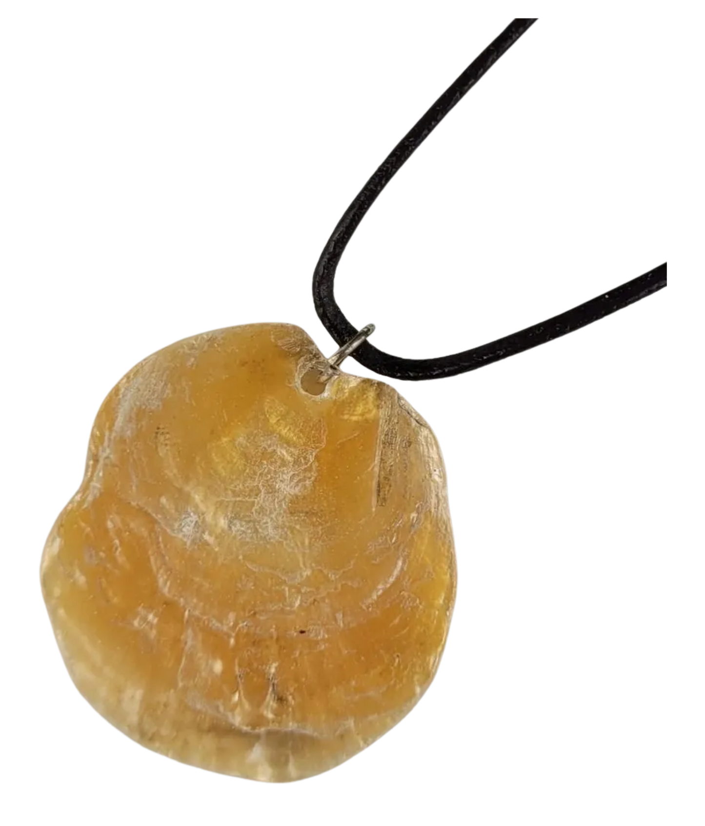 Yellow shell pendant on a black cord against a white background