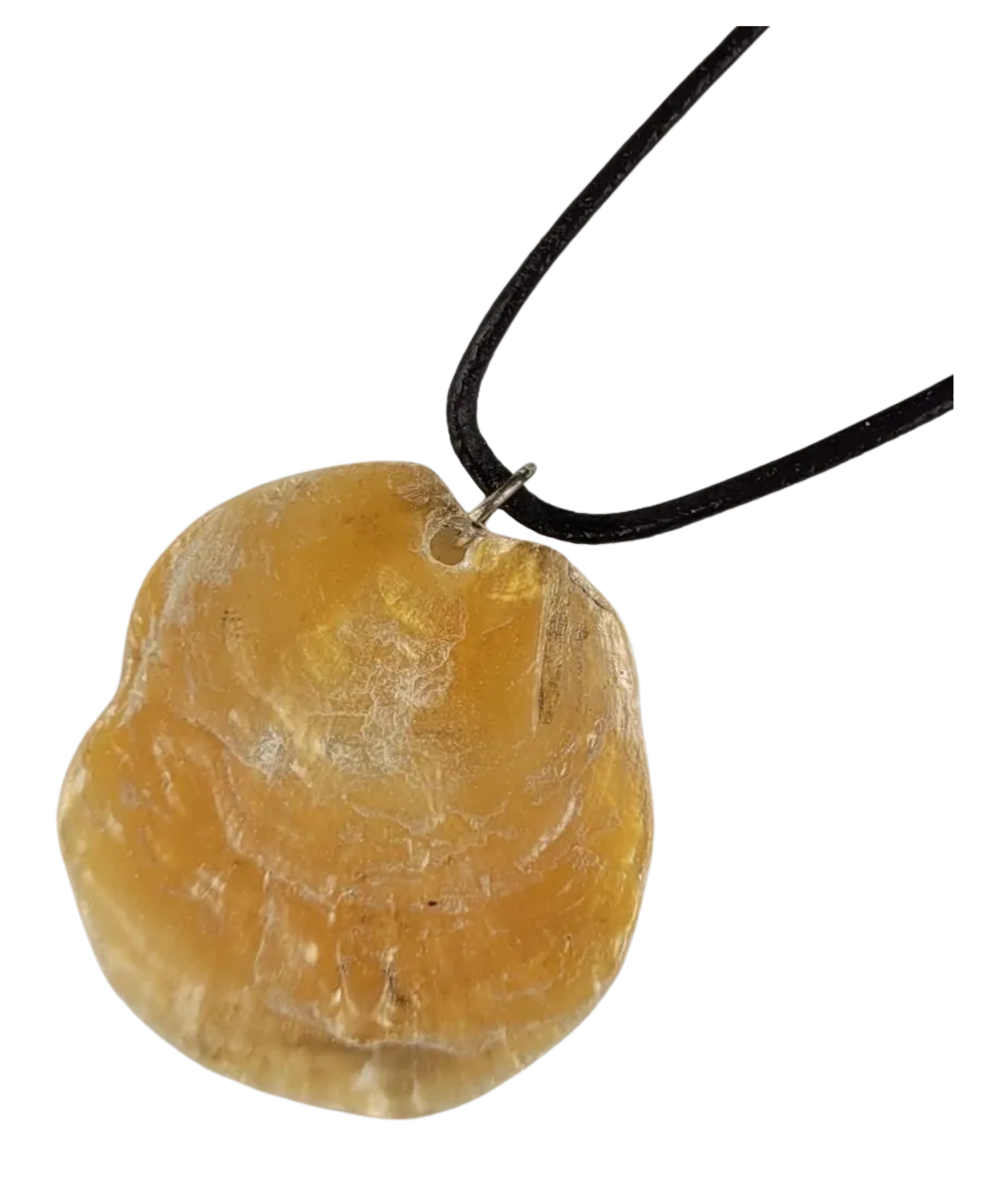 Yellow shell pendant on a black cord against a white background
