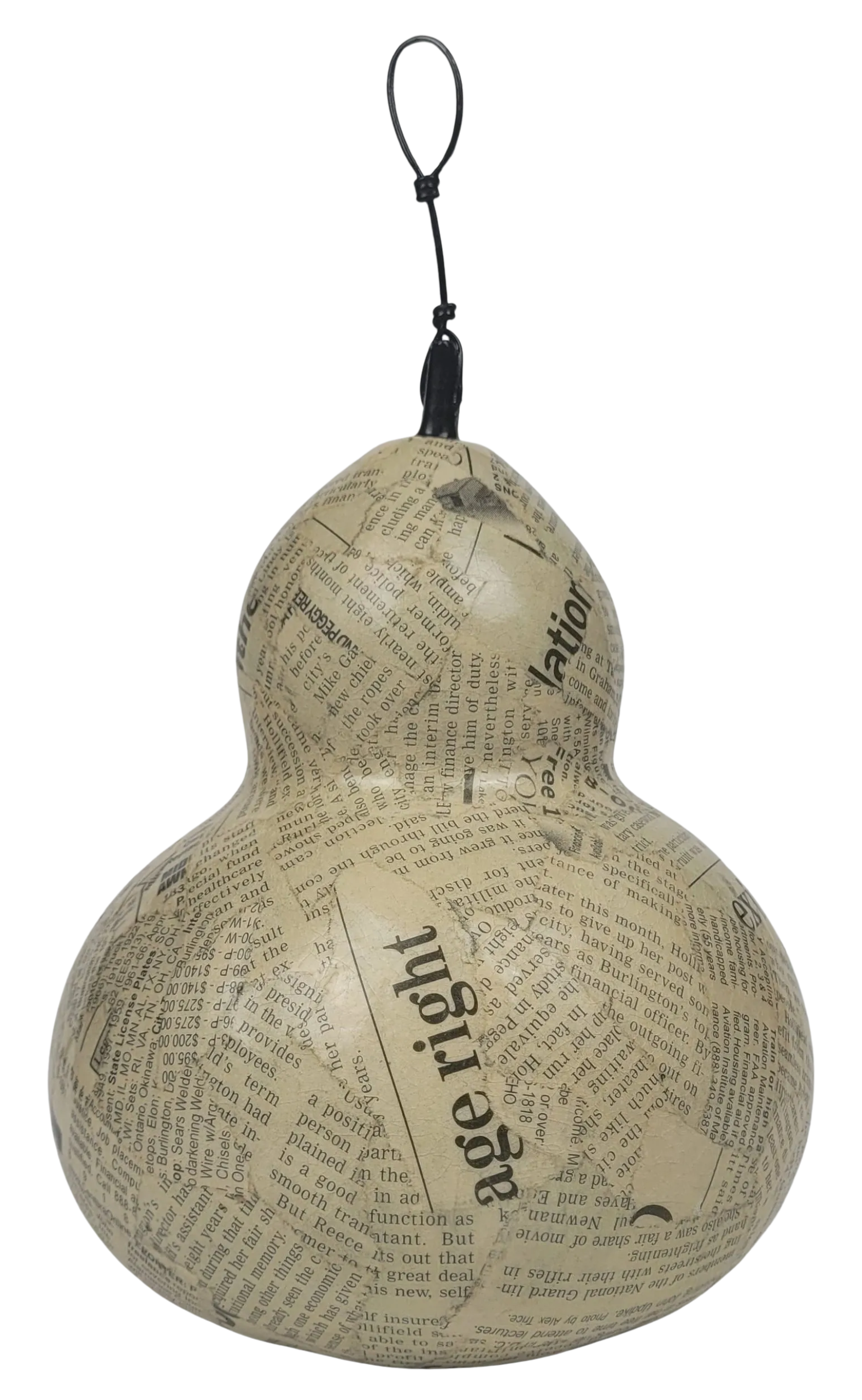 Decorative gourd with newspaper print and 'age right' text on a white background