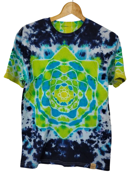 Tie-dye t-shirt with a geometric pattern on a hanger