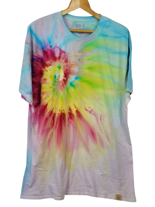 Tie-dye t-shirt with a colorful spiral pattern on a white background