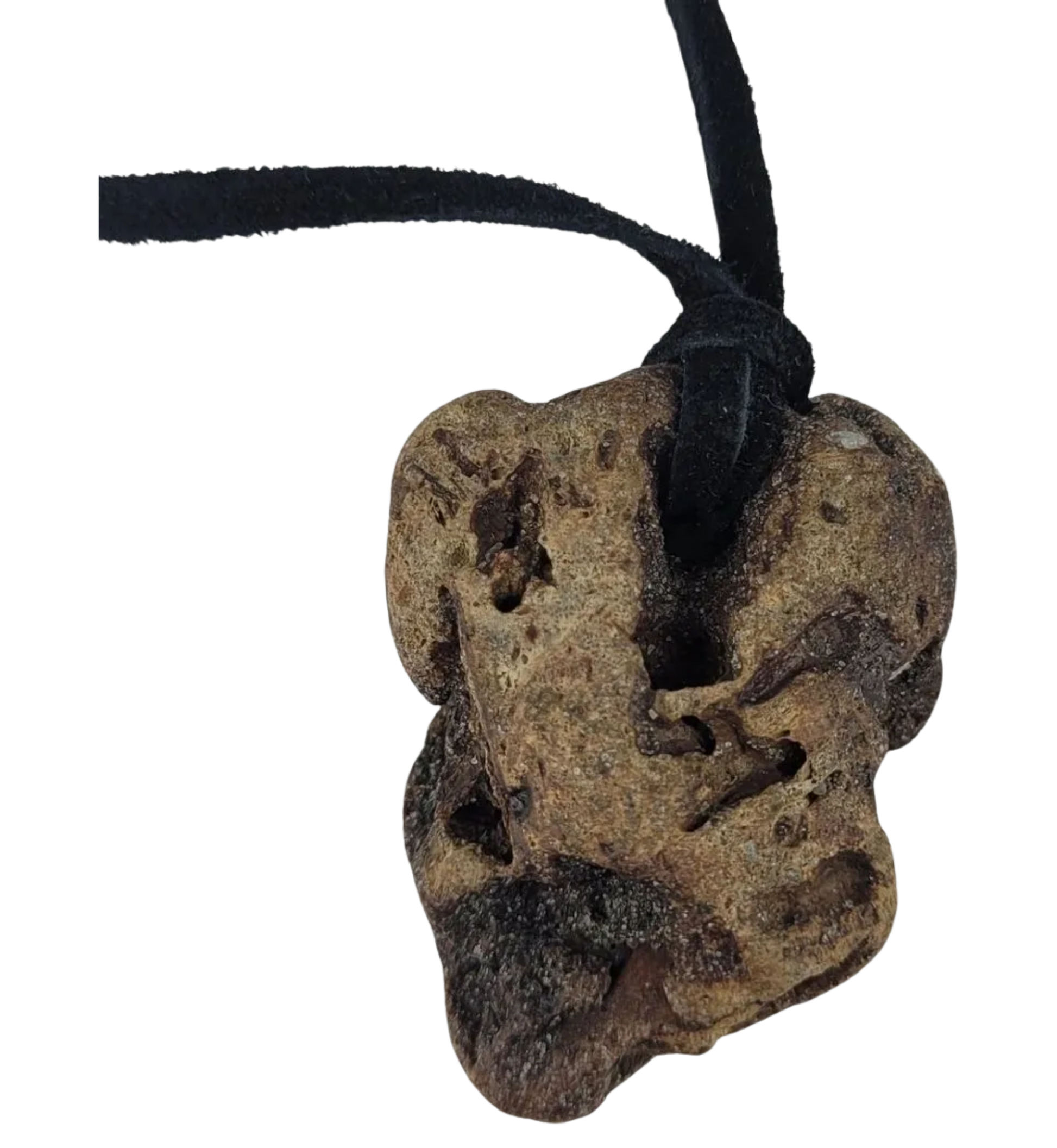 Decorative stone pendant on a black cord against a white background