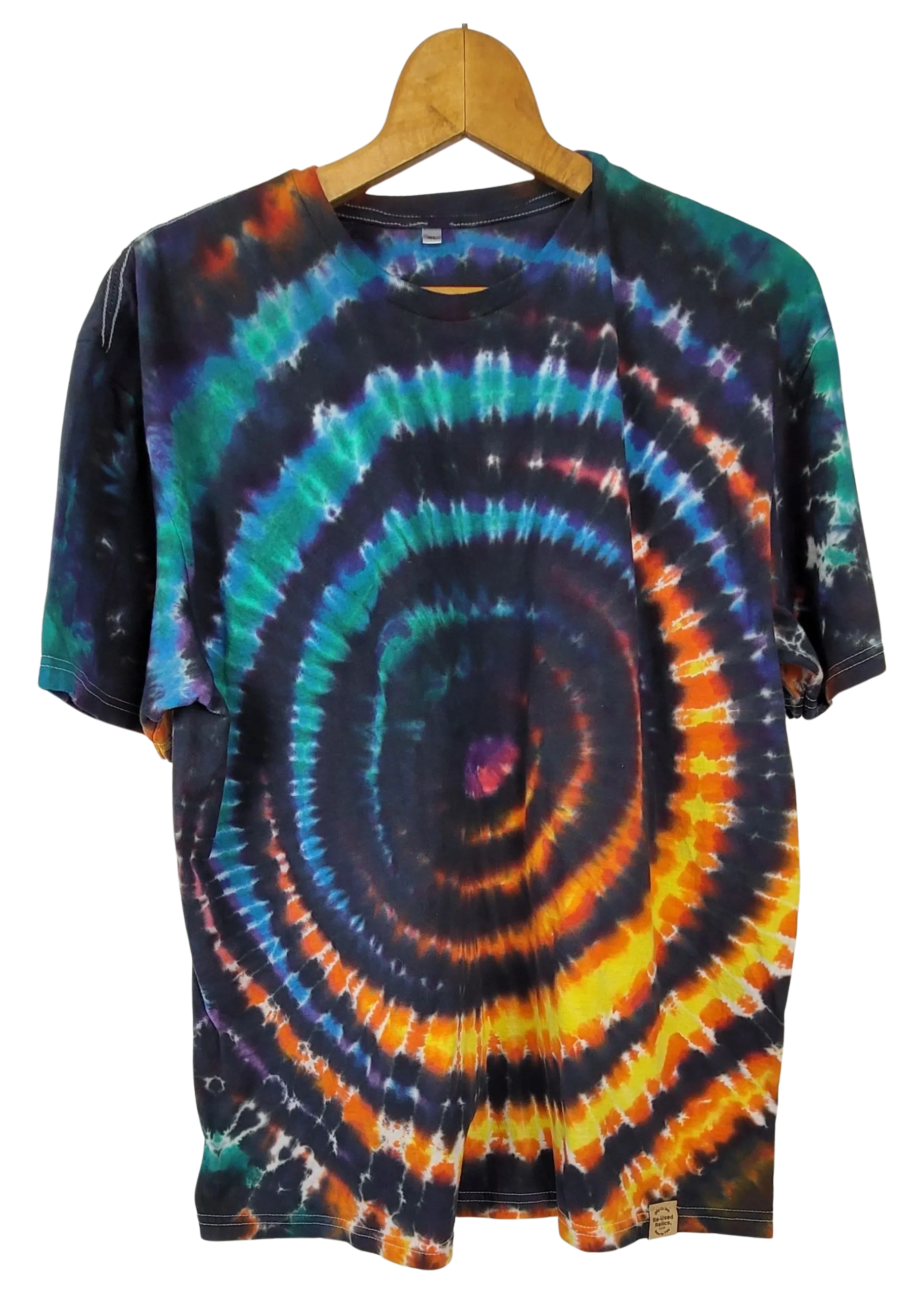 Tie-dye t-shirt with a wig wag pattern on a hanger