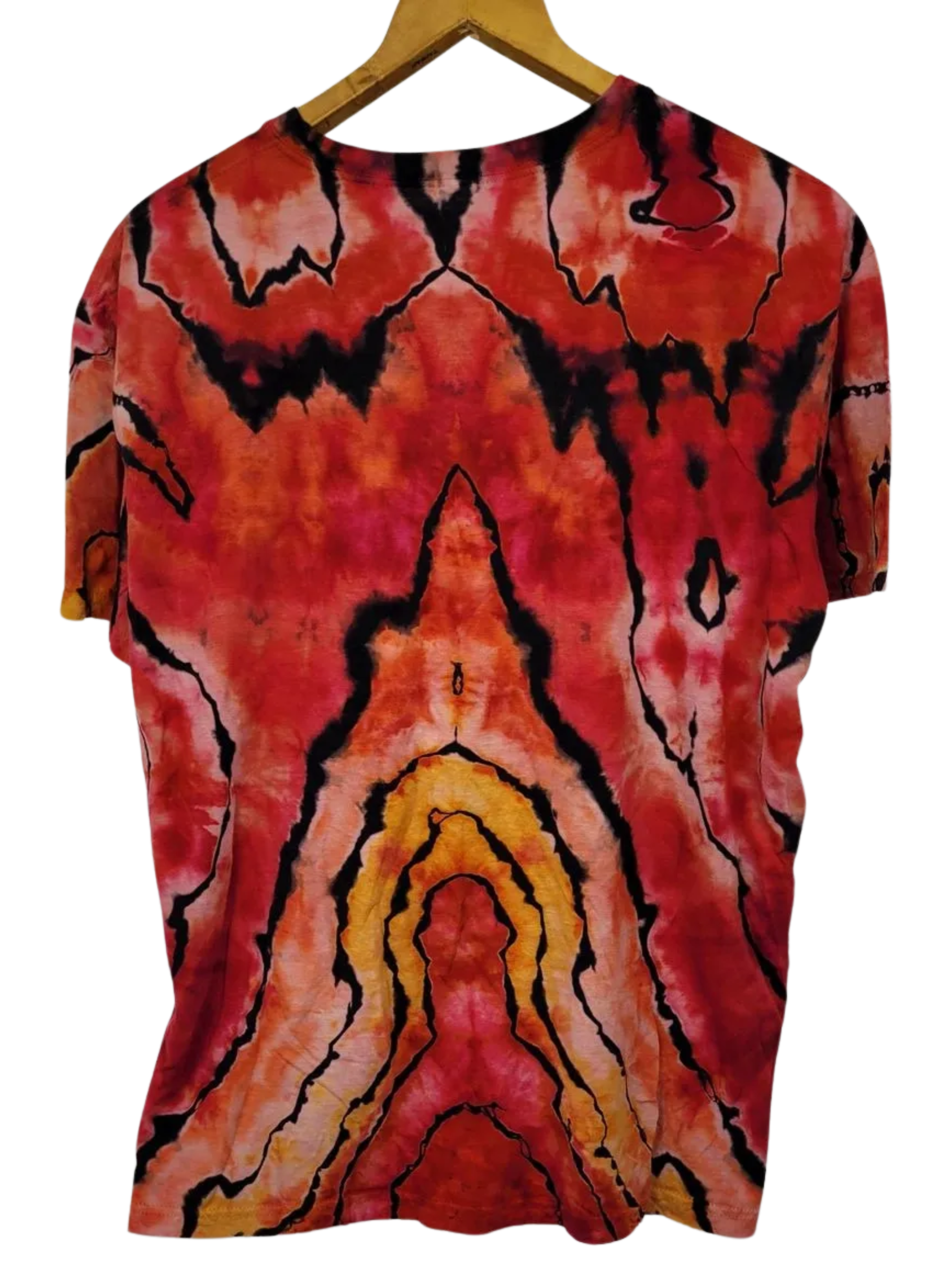 Tie-dye t-shirt with red, orange, and black pattern on a hanger