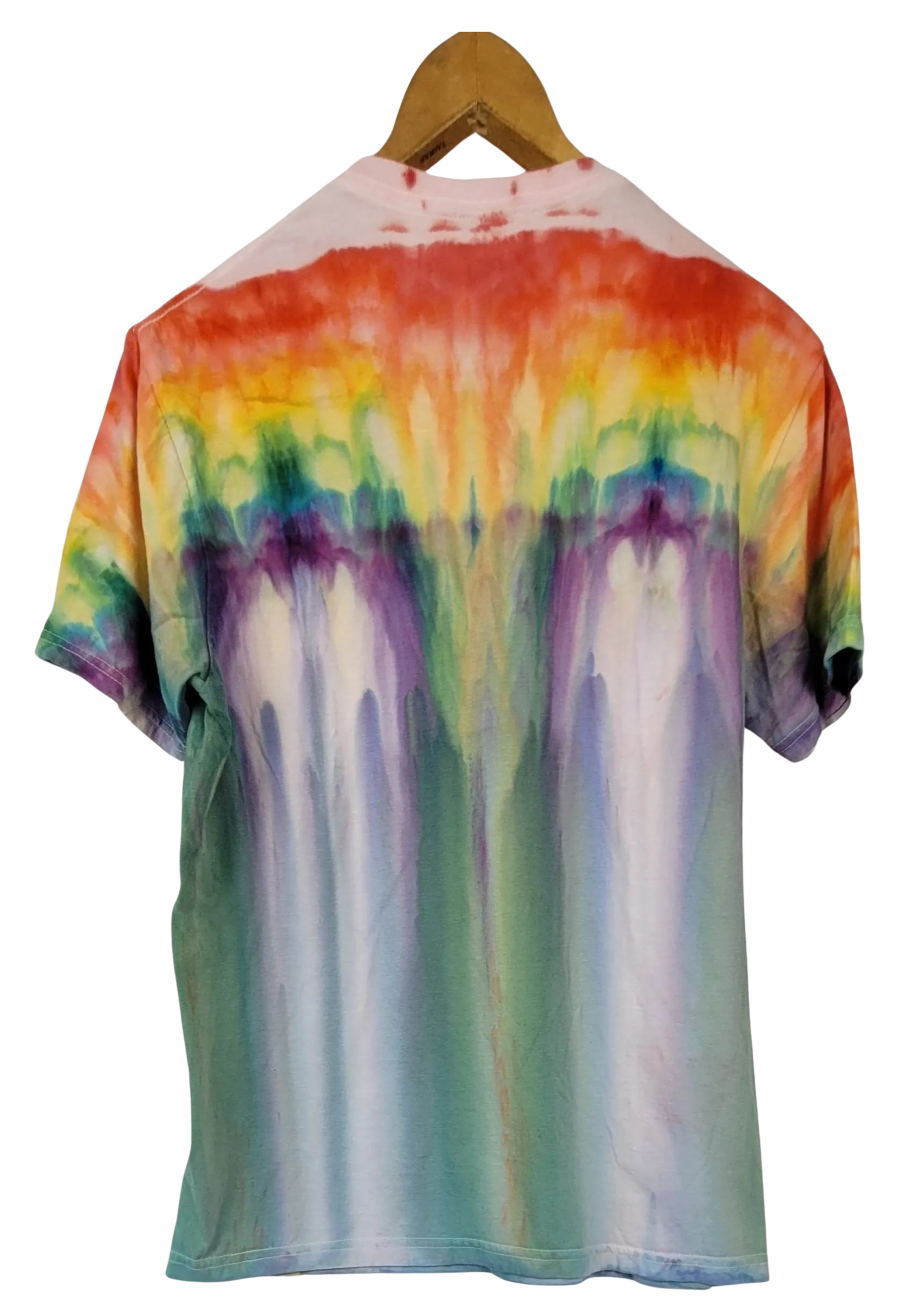 Tie-dye t-shirt with multicolor pattern on a hanger against a white background