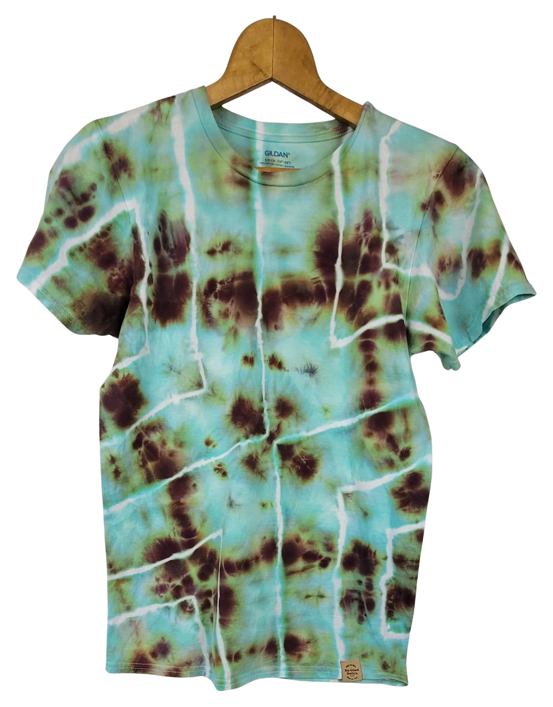 Geometric brown and teal tie dye t-shirt on hanger