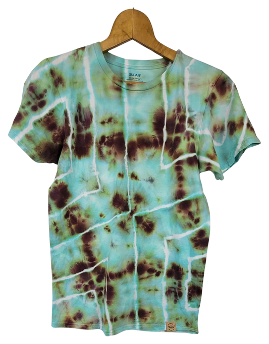 Geometric brown and teal tie dye t-shirt on hanger