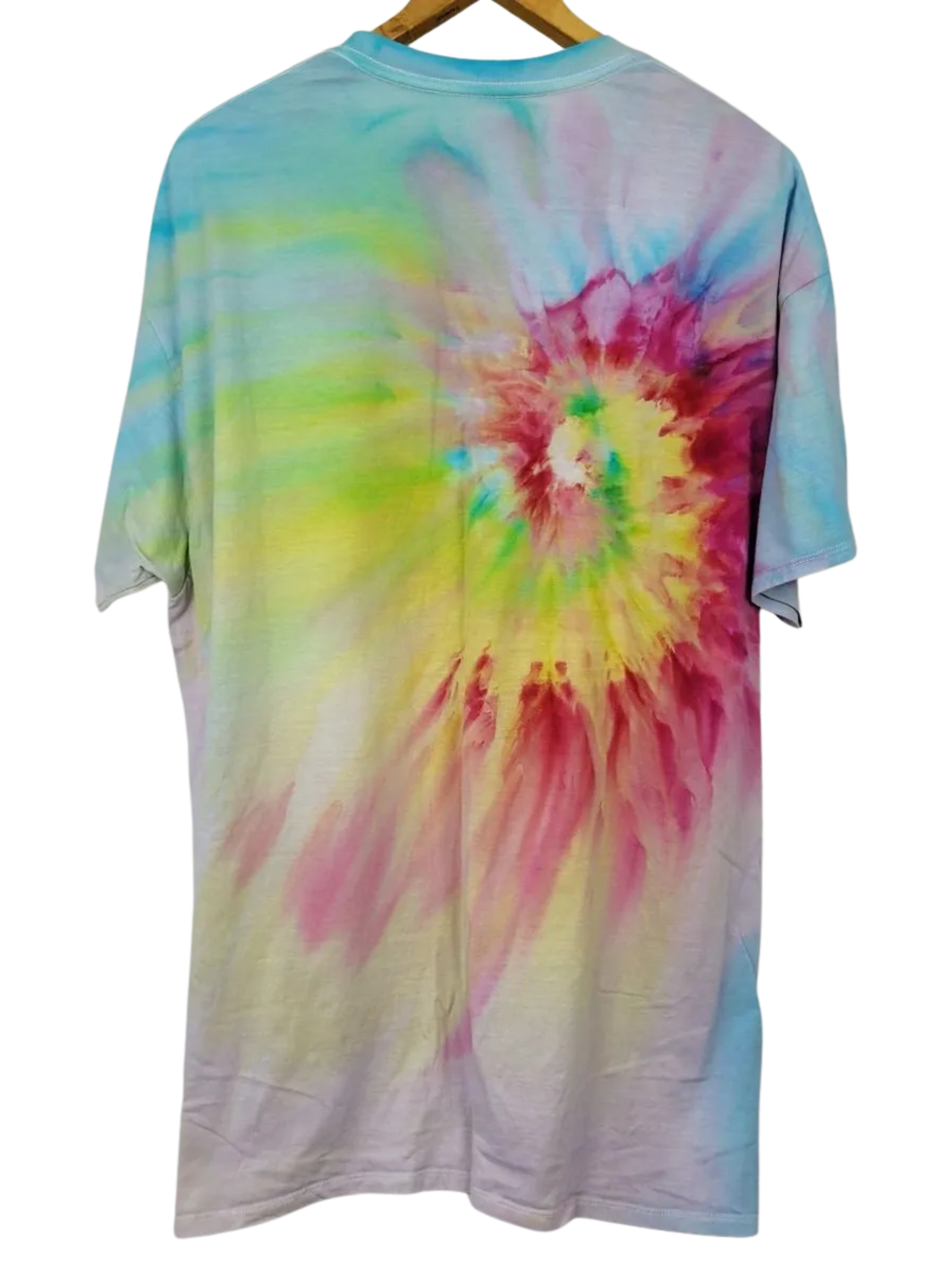 Tie-dye t-shirt with a colorful spiral pattern on a white background