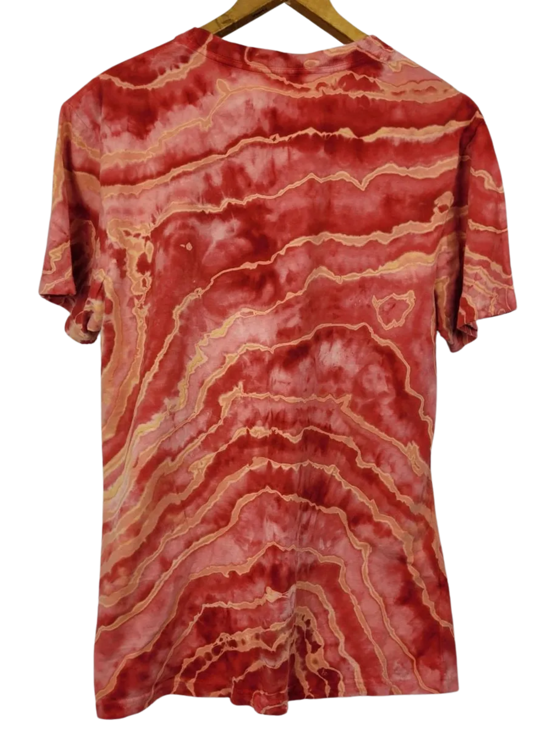 Red and orange tie-dye t-shirt on a hanger against a white background