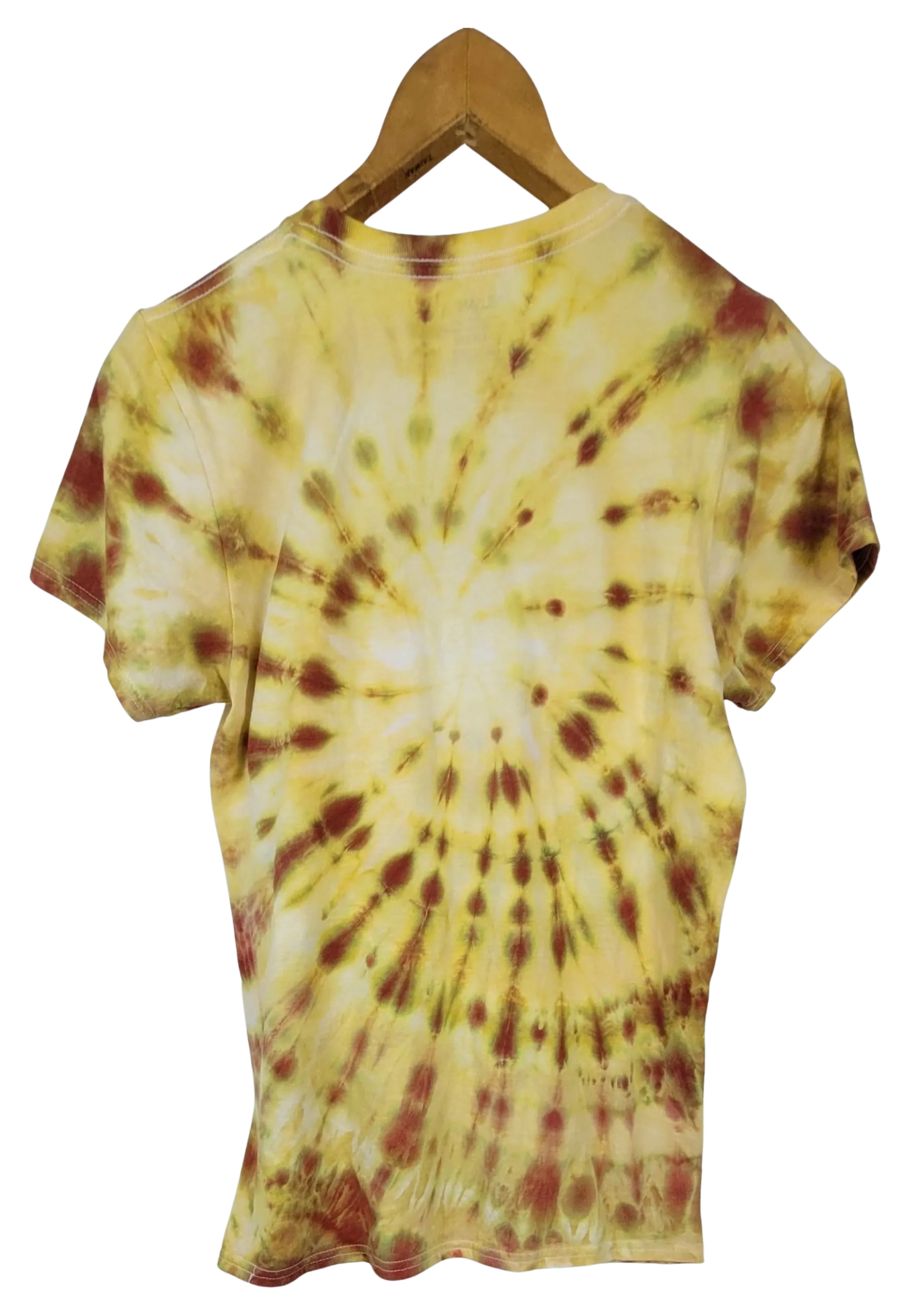 Tie-dye t-shirt with a spiral pattern on a wooden hanger against a white background