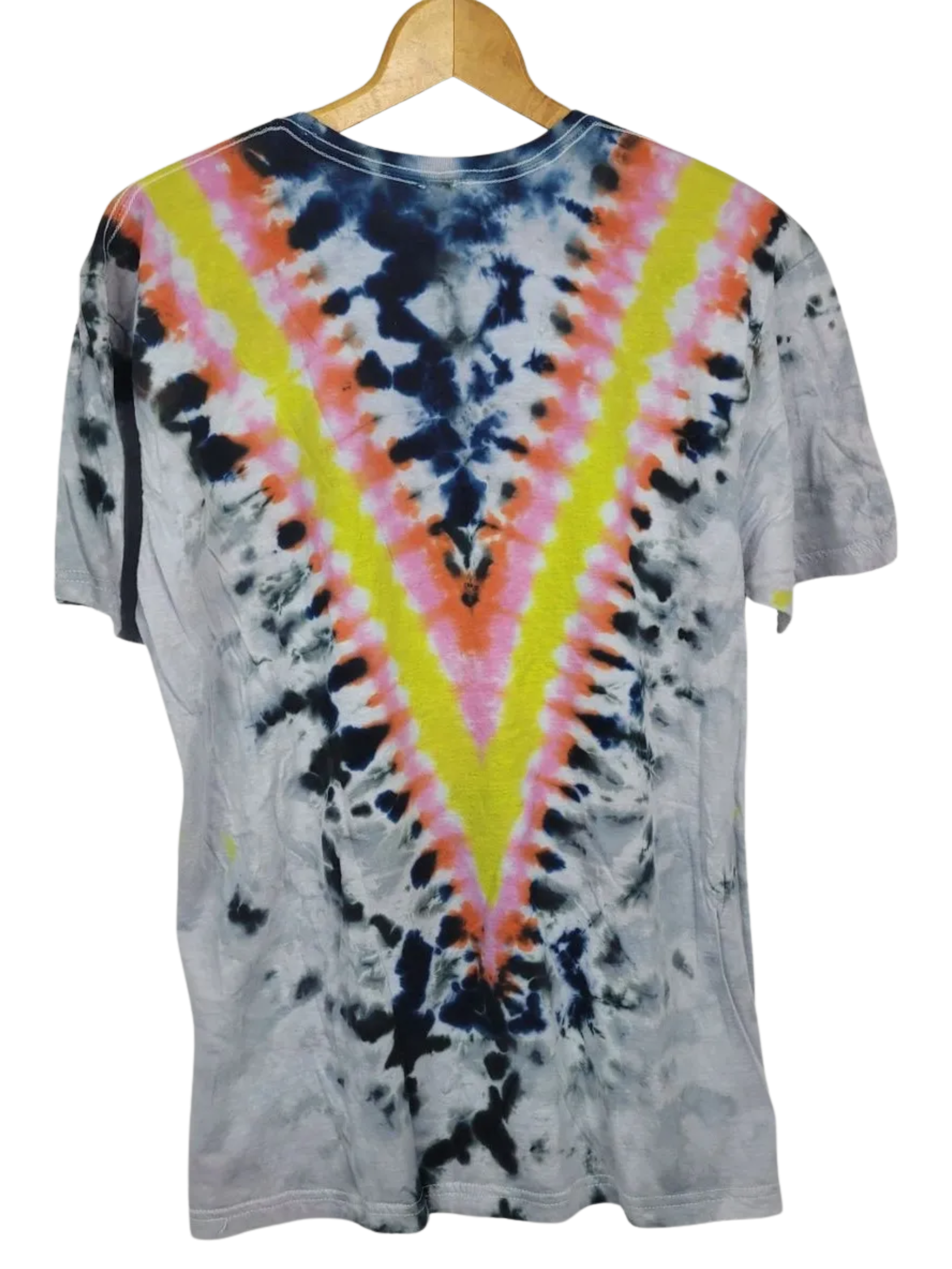 Tie-dye t-shirt with a V-shaped pattern on a hanger against a white background