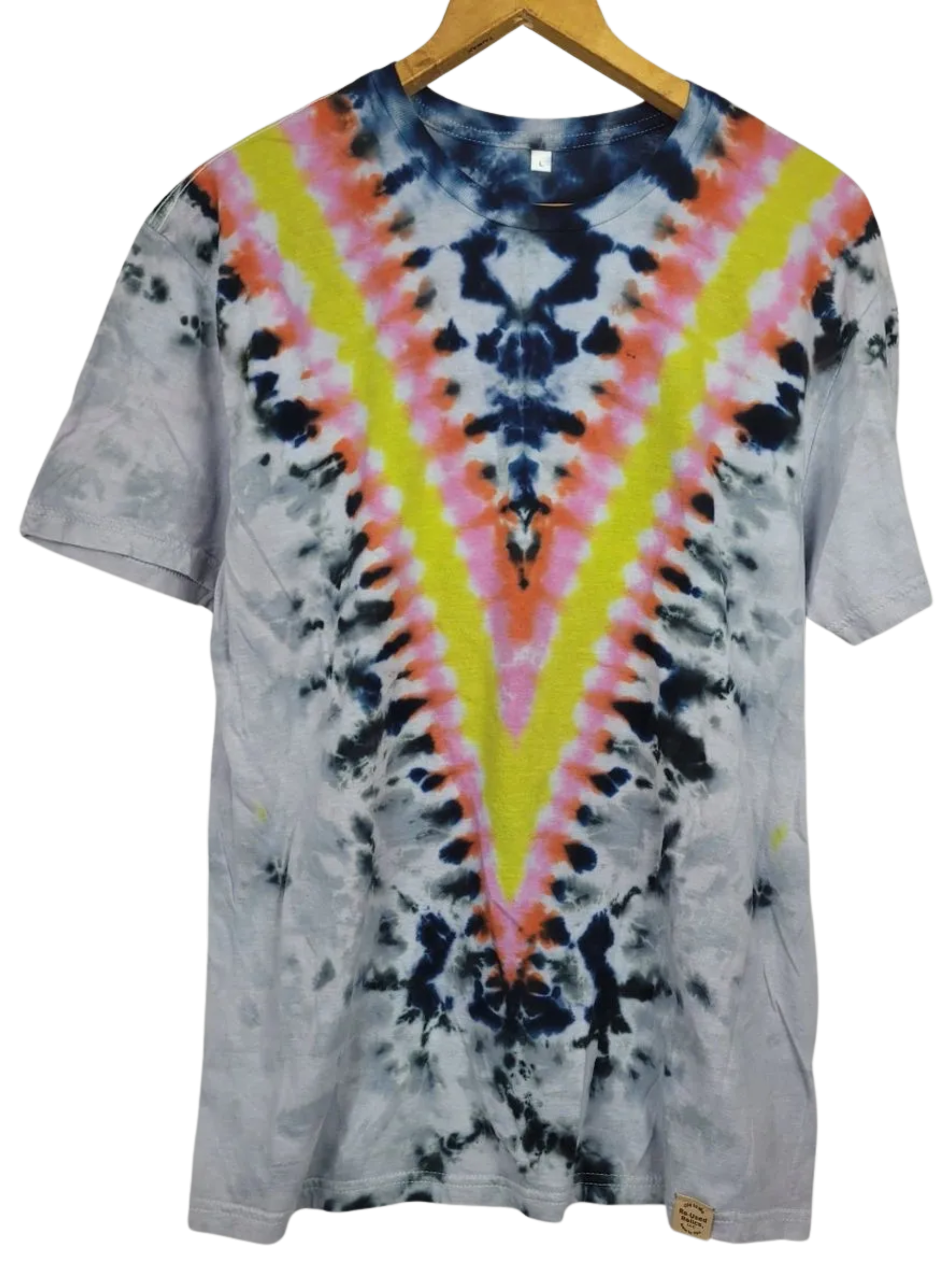 Tie-dye t-shirt with a V-pattern on a white background