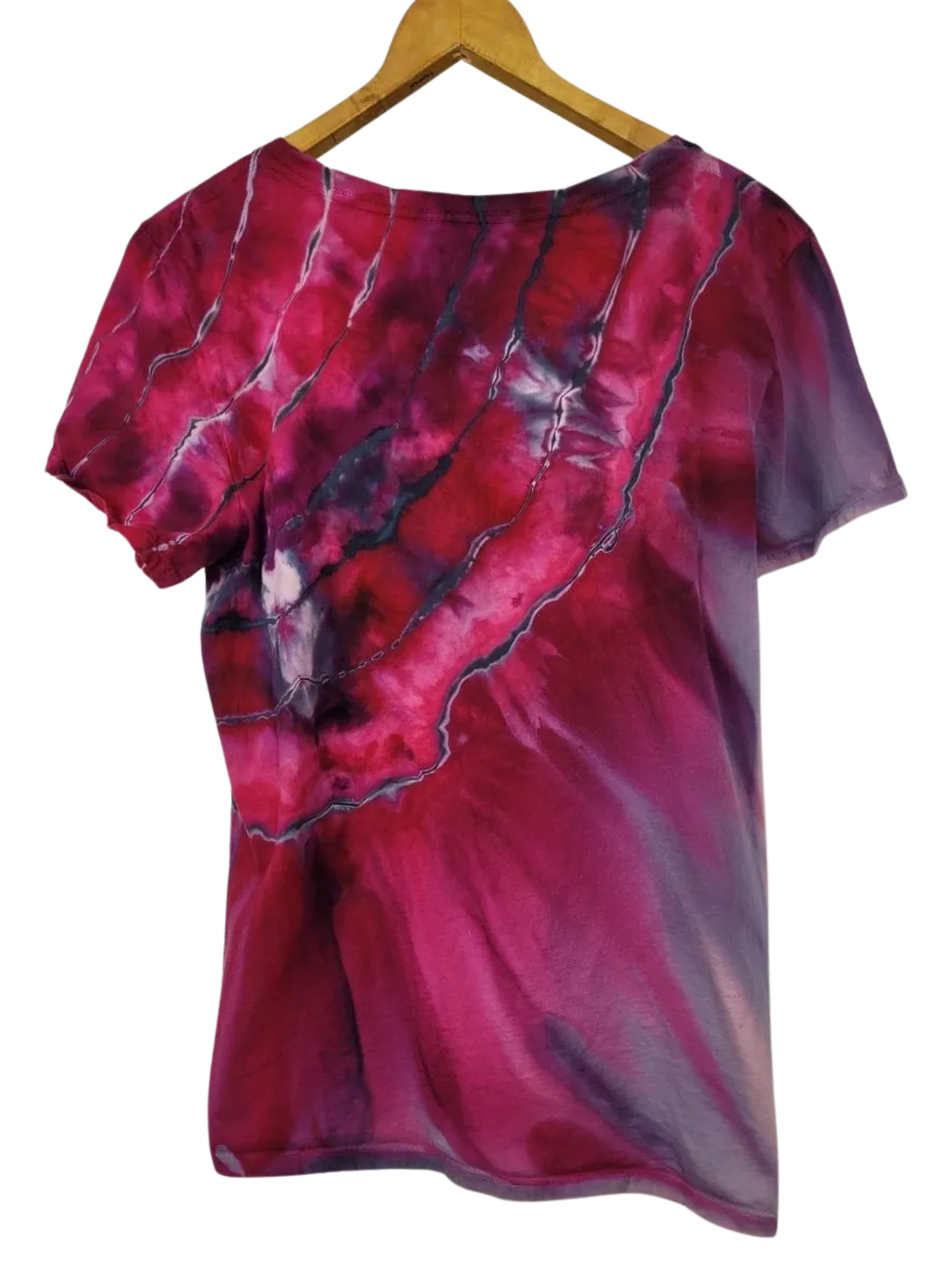 Maroon and purple abstract patterned shirt on a hanger