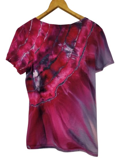 Maroon and purple abstract patterned shirt on a hanger