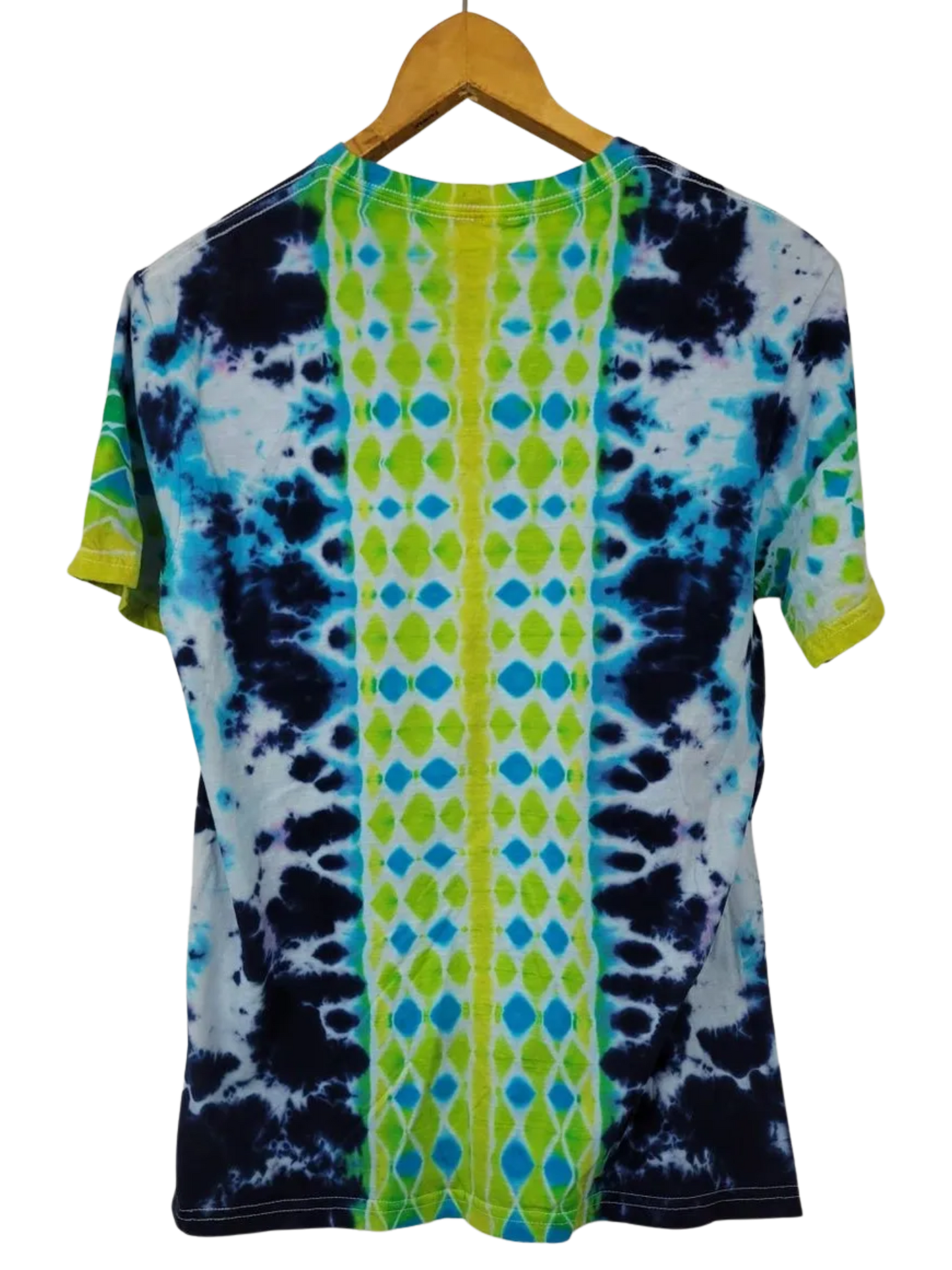 Tie-dye t-shirt with geometric pattern on a hanger