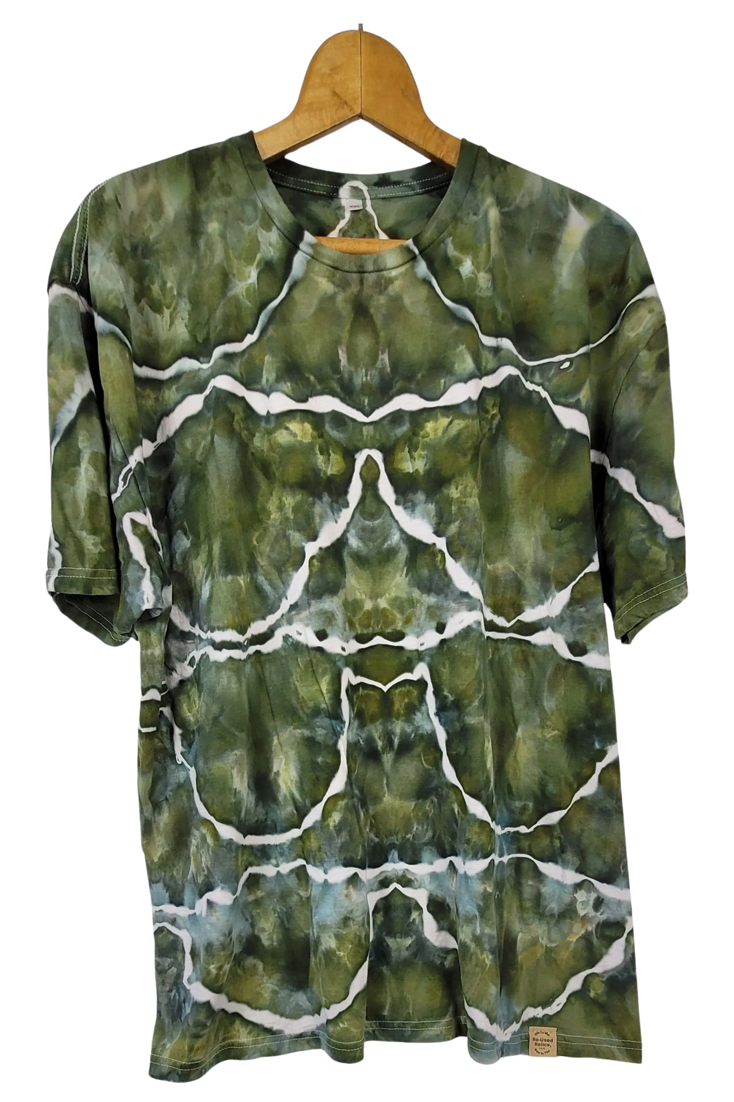 Green tie-dye t-shirt on a wooden hanger against a white background