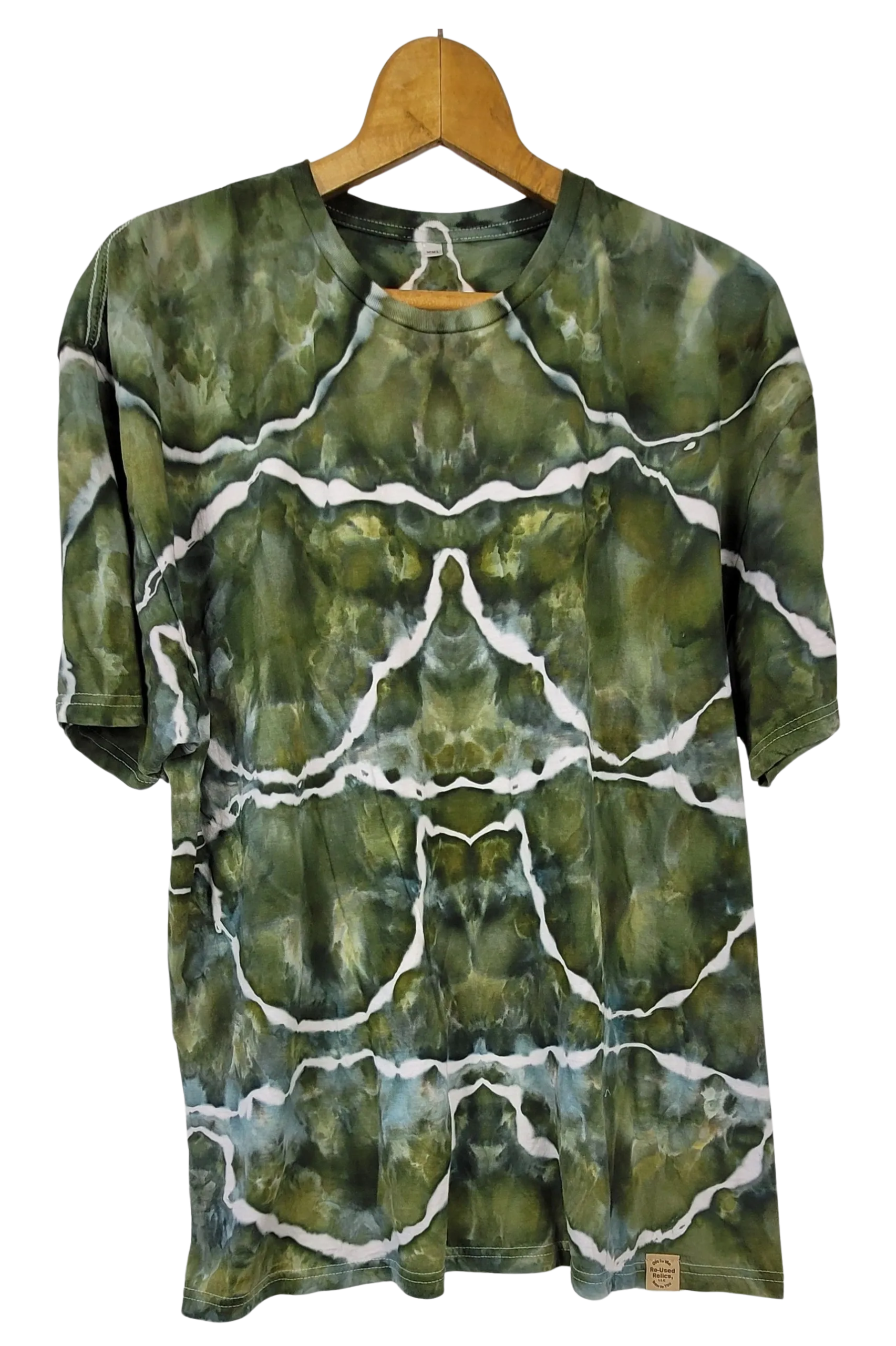 Green tie-dye t-shirt on a wooden hanger against a white background
