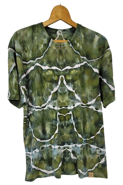 Green tie-dye t-shirt on a wooden hanger against a white background