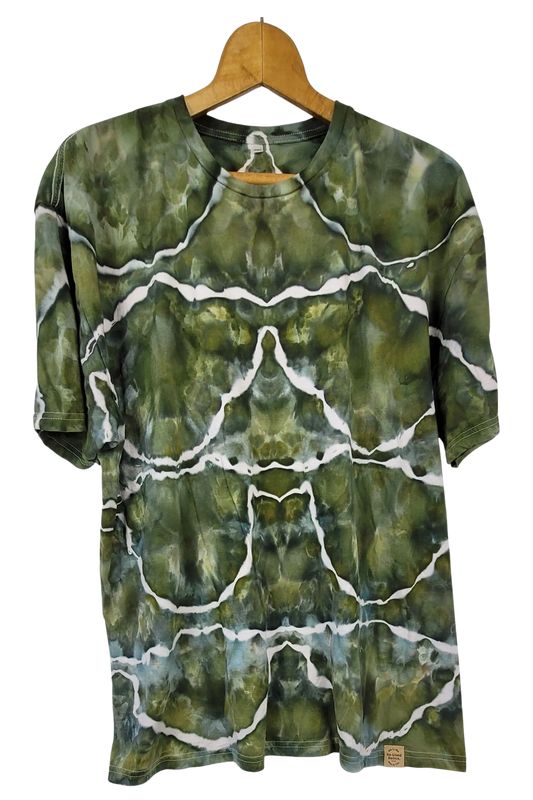 Green tie-dye t-shirt on a wooden hanger against a white background