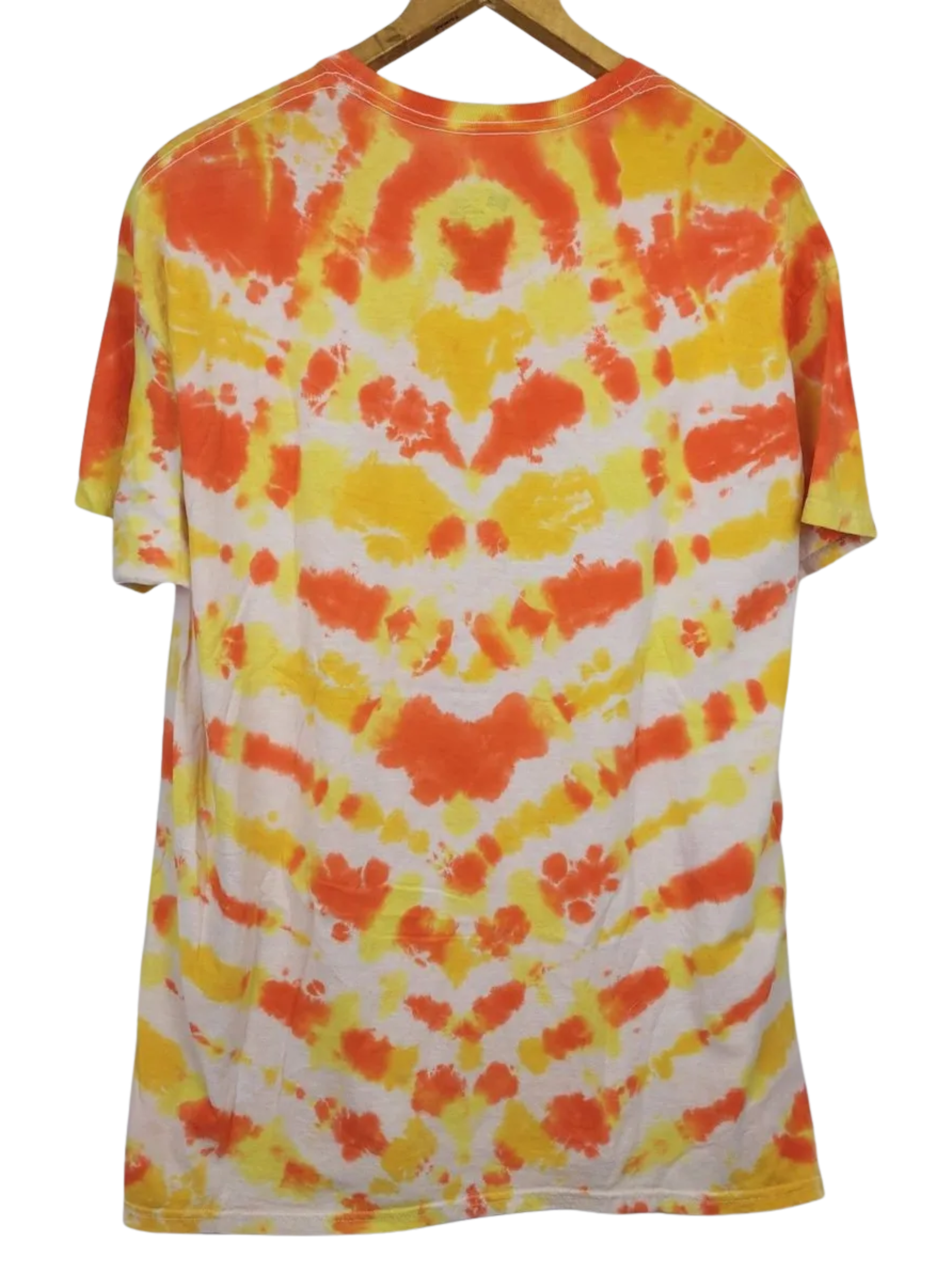 Tie-dye t-shirt with orange and yellow pattern on a white background