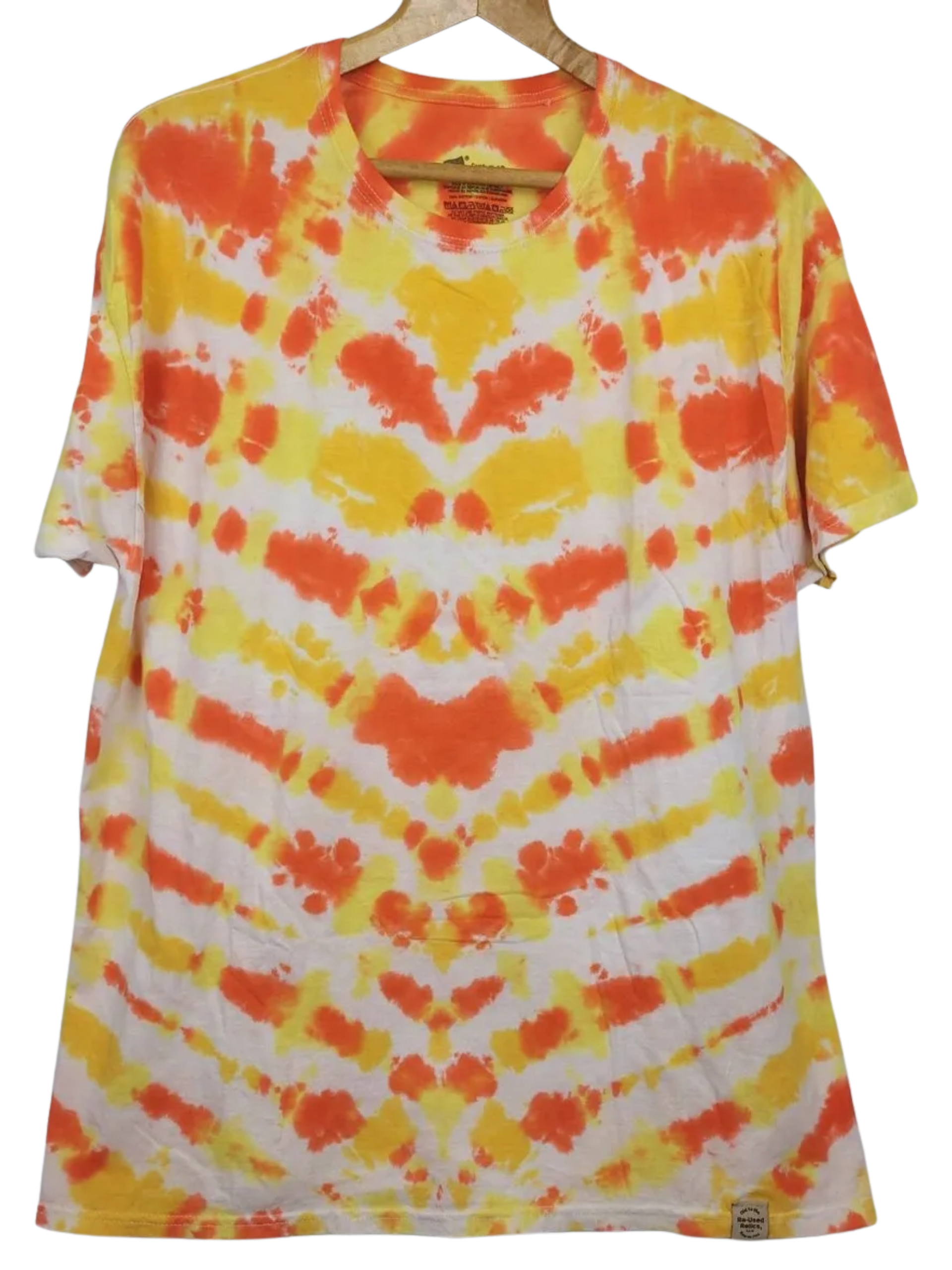 Tie-dye t-shirt with orange and yellow pattern on a white background