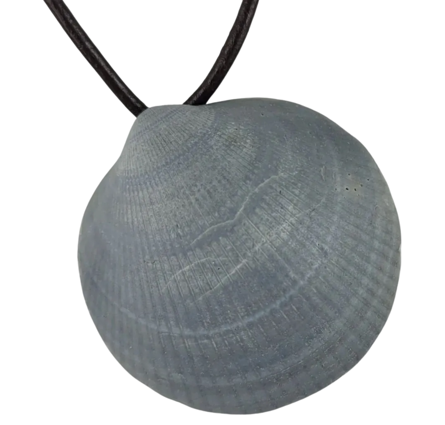 Round gray pendant on a black cord against a white background