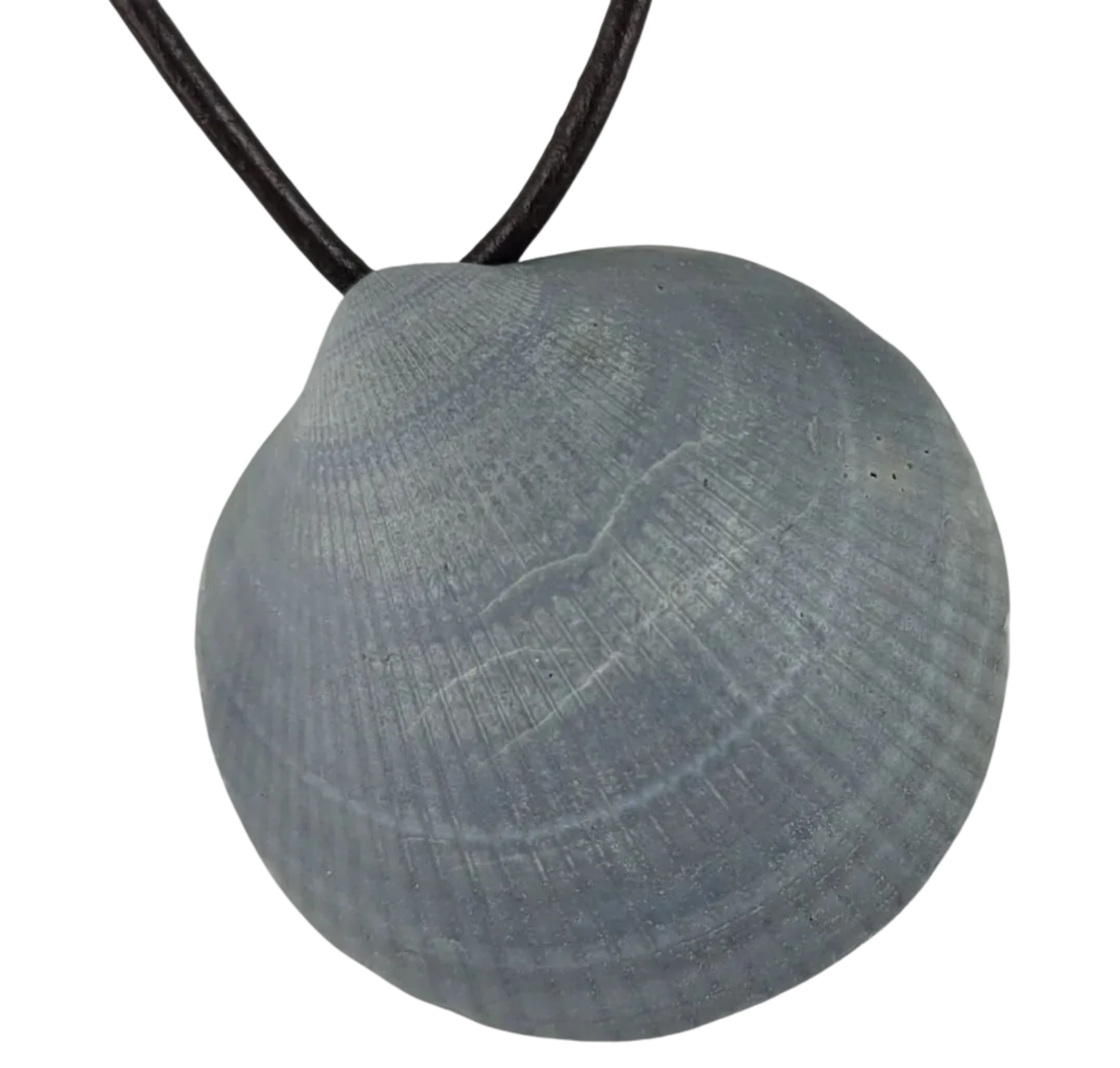 Round gray pendant on a black cord against a white background
