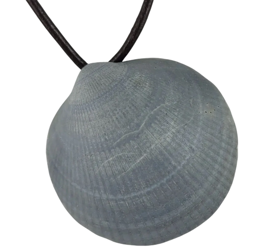 Round gray pendant on a black cord against a white background