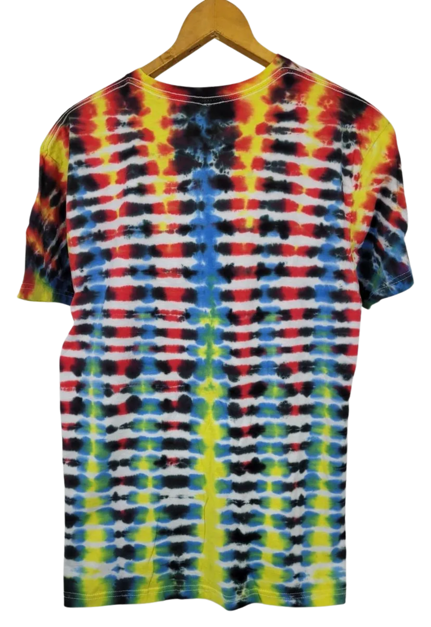 Tie-dye t-shirt on a wooden hanger with a white background