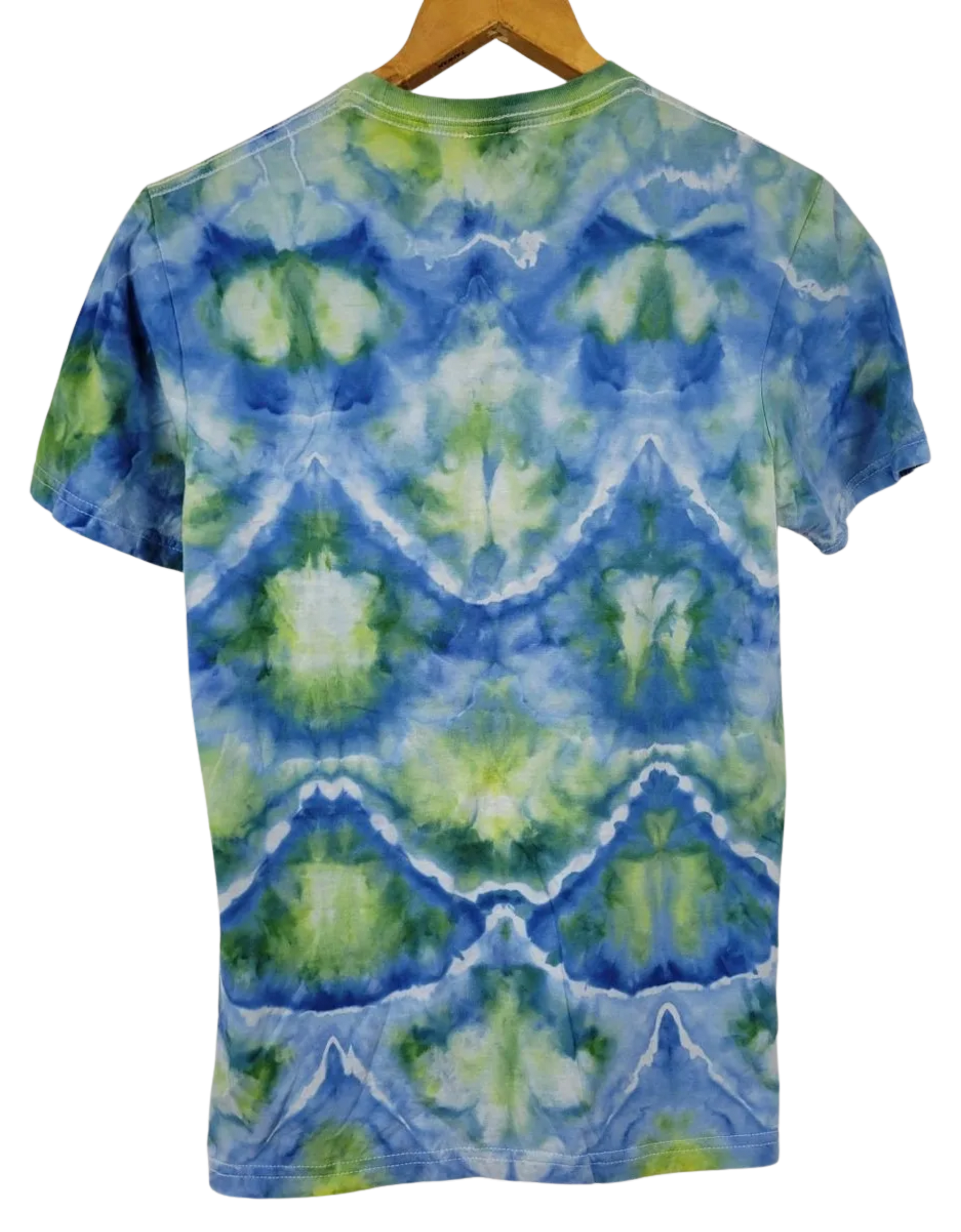 Tie-dye t-shirt with blue and green pattern on a white background