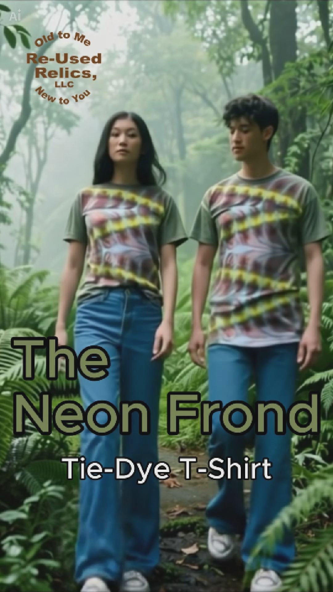 couple walking through a forest wearing tie-dye t-shirts